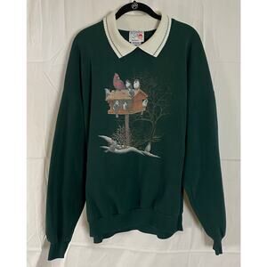 Vintage 90s Morning Sun Birdhouse Sweatshirt 3X | Green Winter Wildlife Top